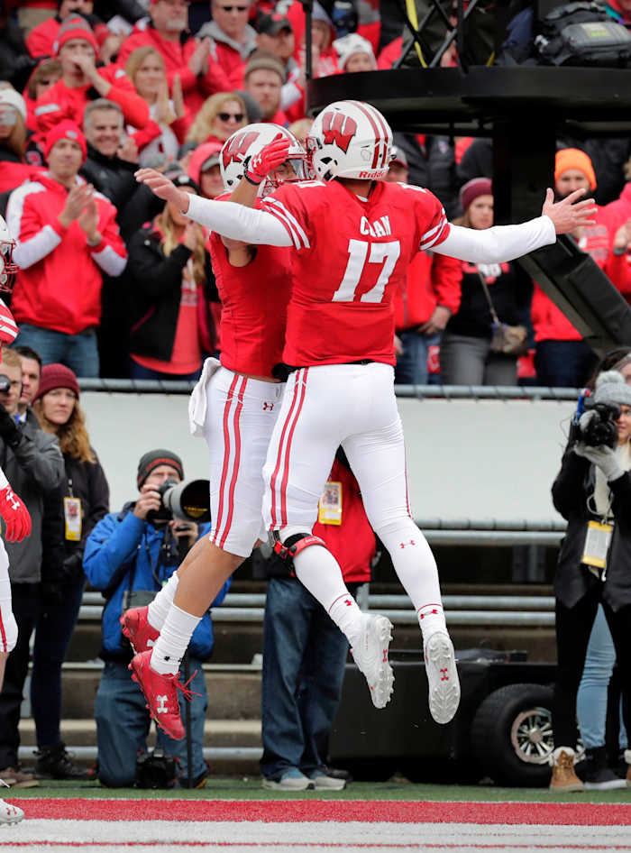 Wisconsin Badgers wide receiver Danny Davis III (6) celebrates his second half touchdown with Wisconsin Badgers quarterback Jack Coan (17) during Wisconsin's 31-17 win over Rutgers during the Big Ten football game against Rutgers at Camp Randall in Madison, Wisconsin Saturday, November 3, 2018. - Photo by Rick Wood / Milwaukee Journal. RICK WOOD/MILWAUKEE JOURNAL SENTINEL ORG XMIT: 20097082A Uwrutgers 24ofx Wood